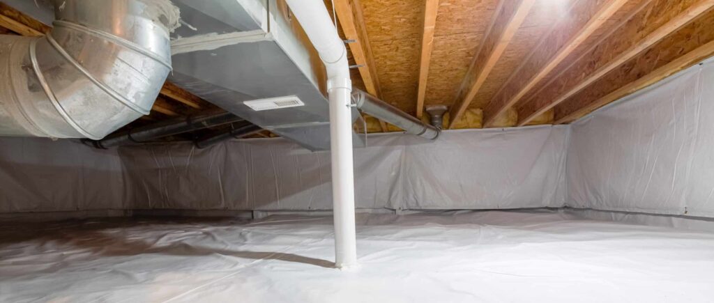 A white water vapor barrier encapsulating a crawlspace