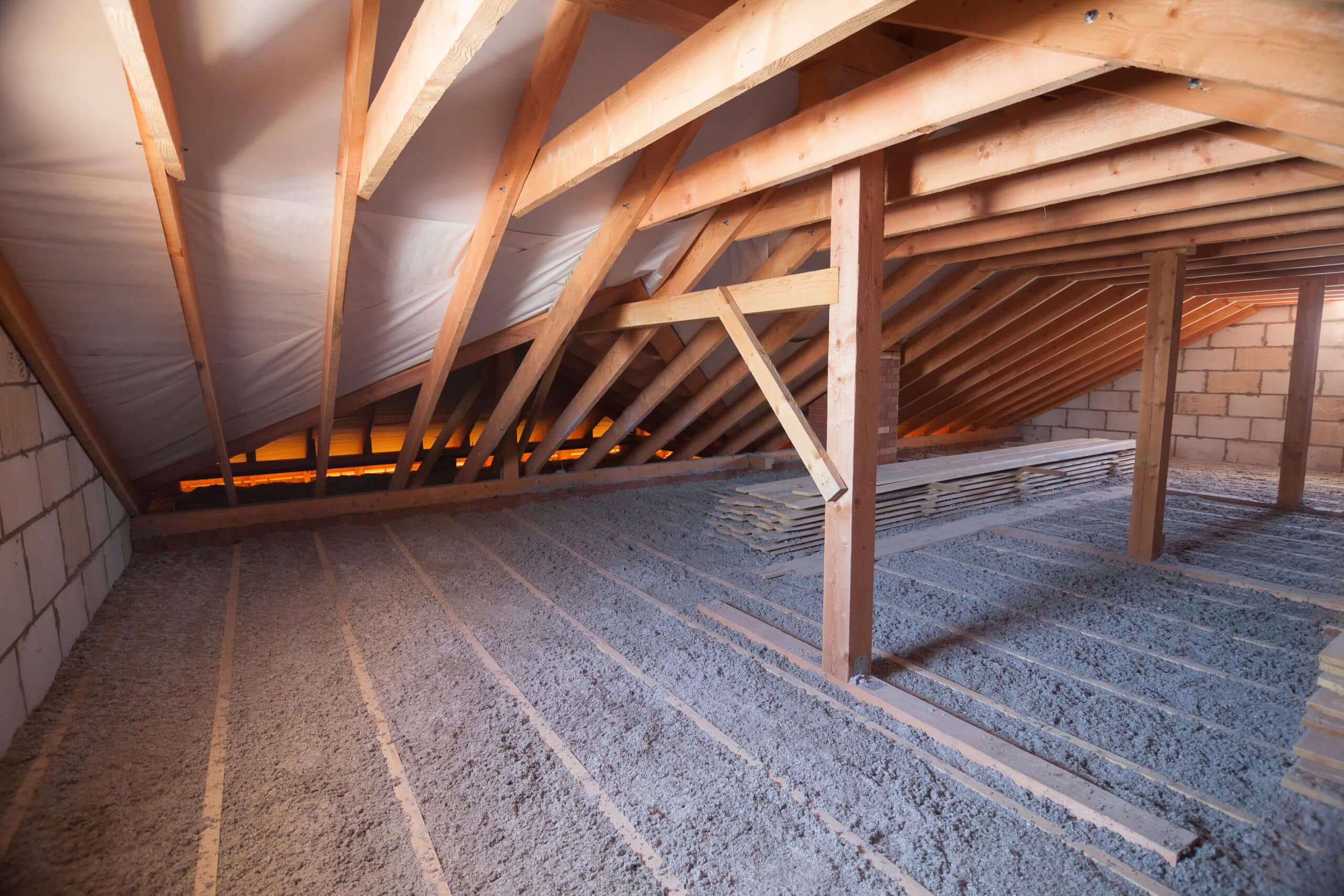 Attic with cellulose insulation.